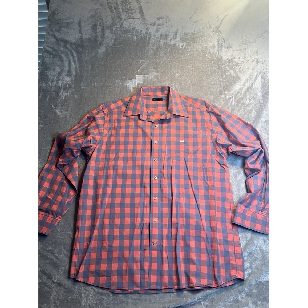 Southern Marsh Mens  Shirt Large Red Blue Plaid Wrinkle Free